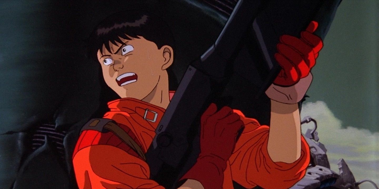 A man holding a gun and hiding in Akira 1988