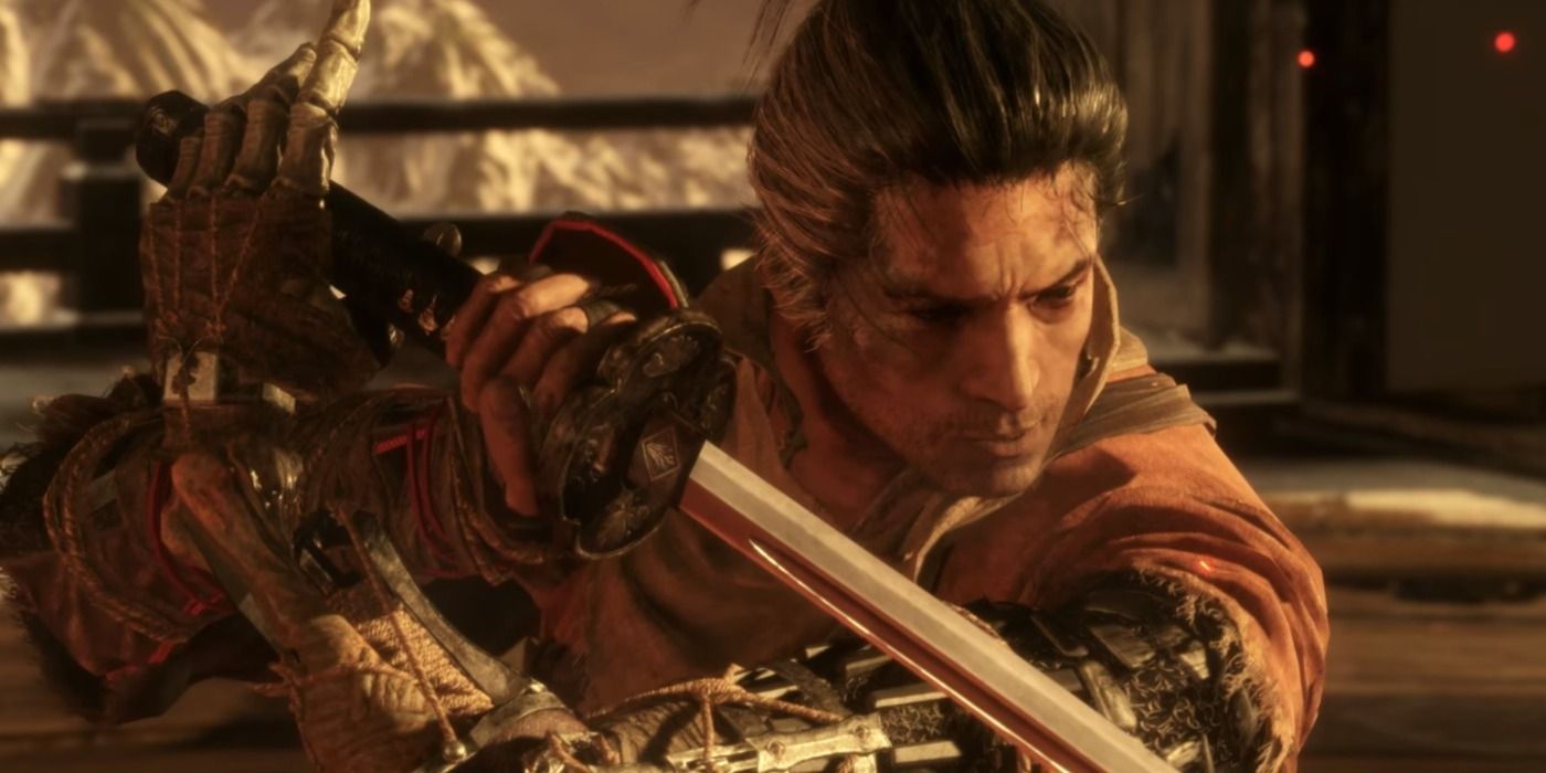 Wolf holds his sword from Sekiro Shadows Die Twice 