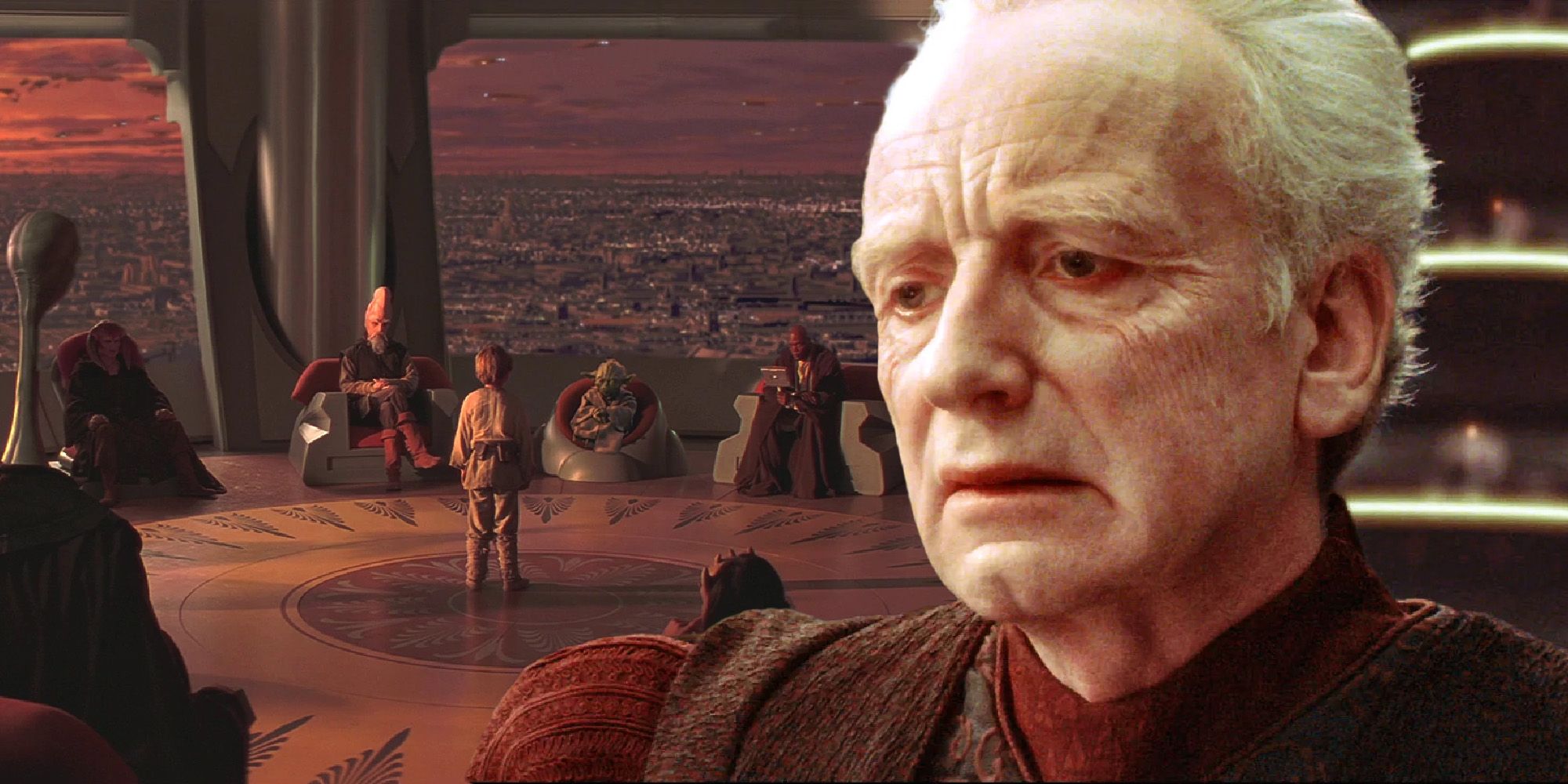 Chancellor Palpatine in the foreground and the Jedi Council with Anakin in front of them in the background both in Star Wars: The Phantom Menace.