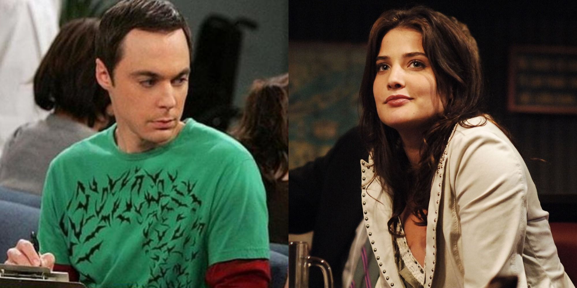 A split-screen image showing The Big Bang Theory's Sheldon Cooper and How I Met Your Mother's Robin Scherbatsky
