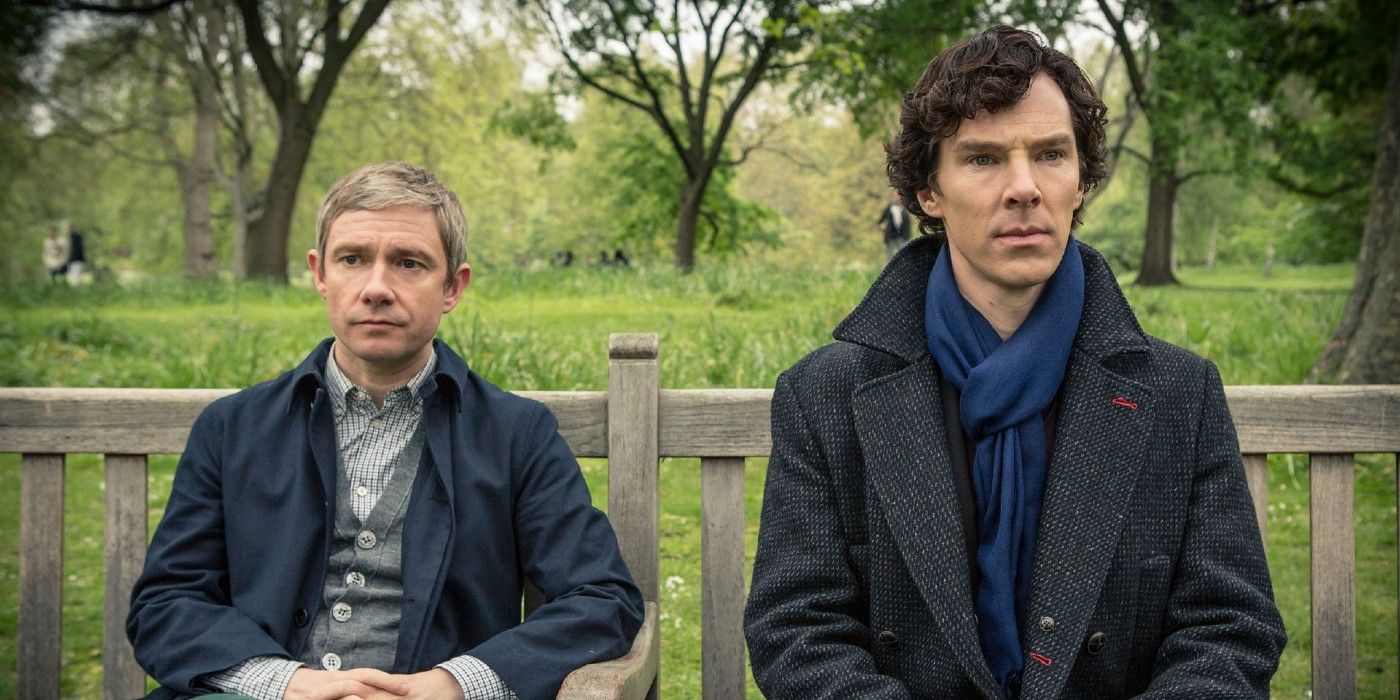Sherlock BBC John Watson and Sherlock Holmes sitting on a bench together