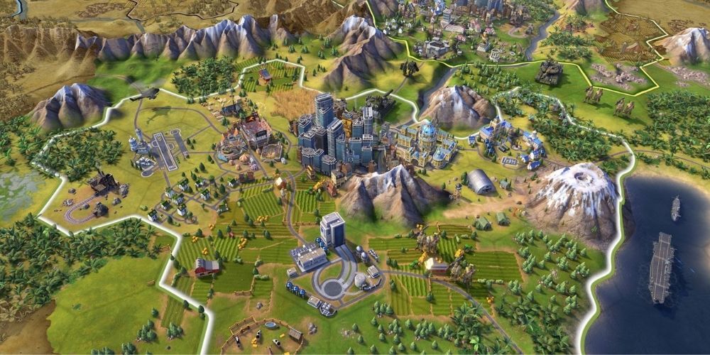A map showing numerous constructions in Civilization 6