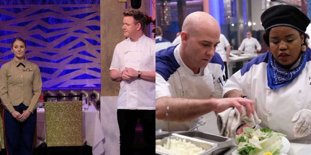 Side by side of blue team chefs competing and Gordon Ramsey on Hell&rsquo;s Kitchen