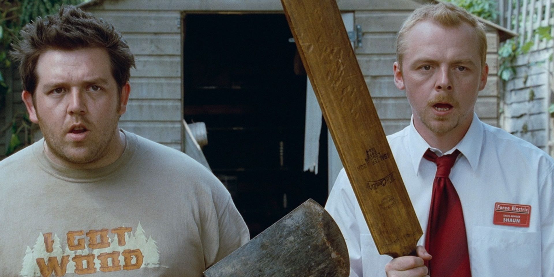 Simon Pegg and Nick Frost prepare to fight zombies in Shaun of the Dead