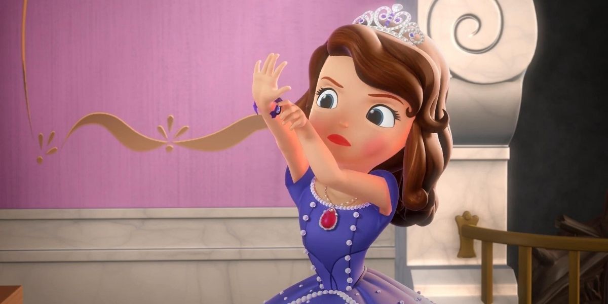 Sofia the First puts on a bracelet in her bedroom 