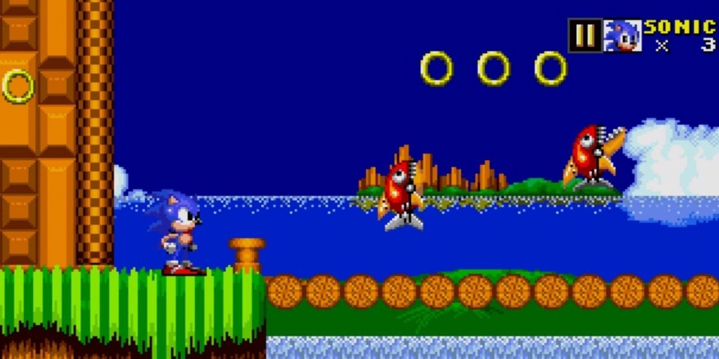 Sonic next to jumping piranhas in Emerald Hill in Sonic the Hedgehog 2