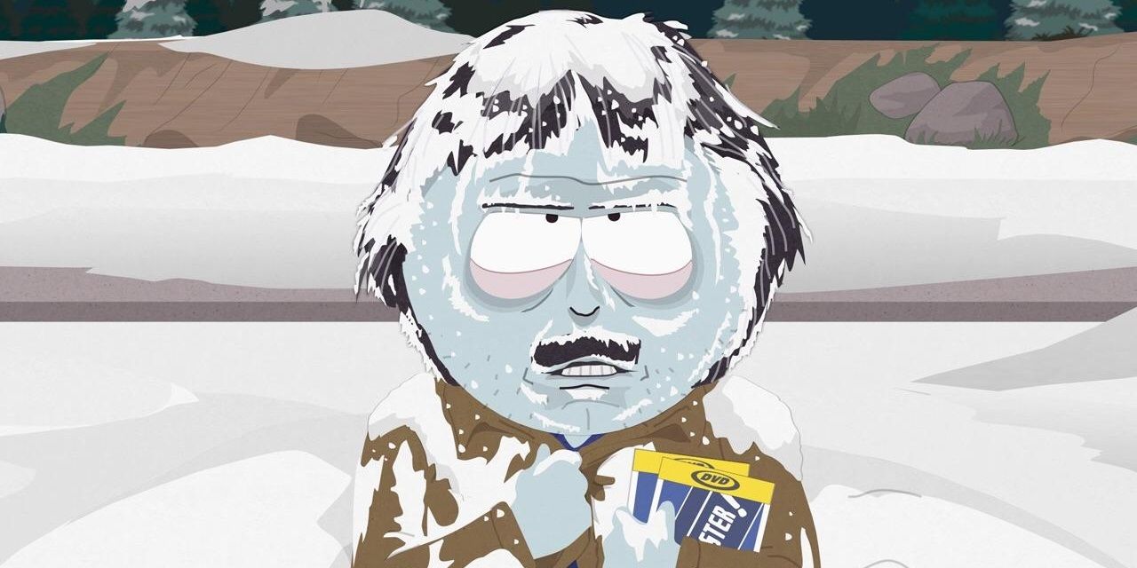 Randy angrily freezing in the snow holding Blockbuster DVDs in South Park.