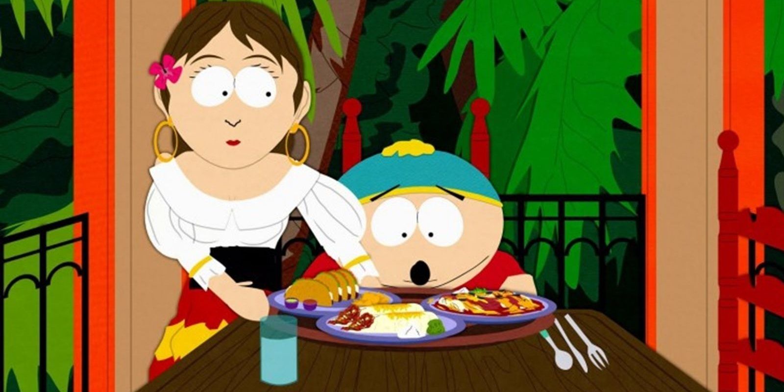 Eric gasping as a waiter serves him food in South Park.