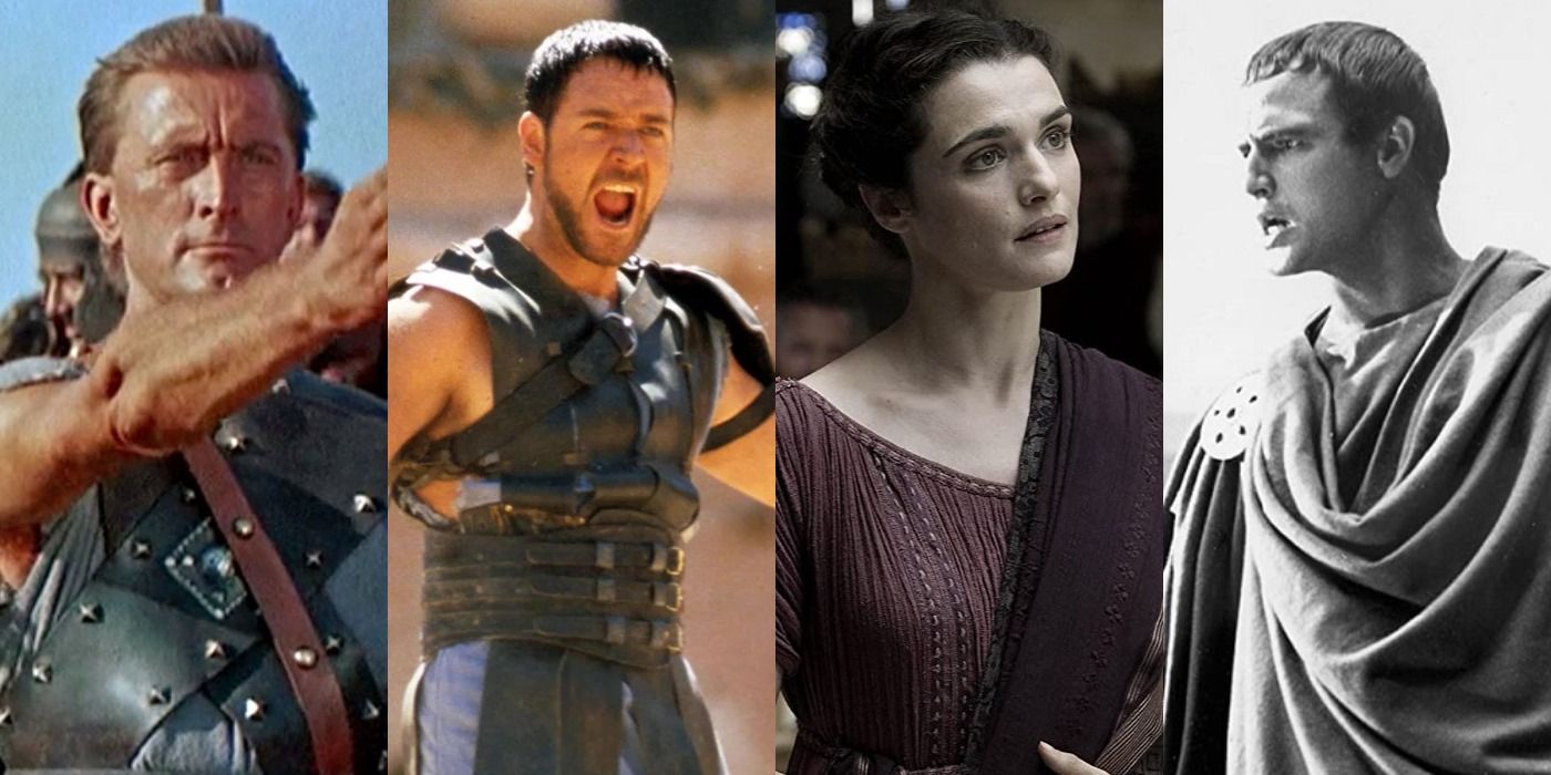 Split image showing Spartacus from Spartacus, Maximus from Gladiator, Hypatia from Agora, and Julius from Julius Caesar.