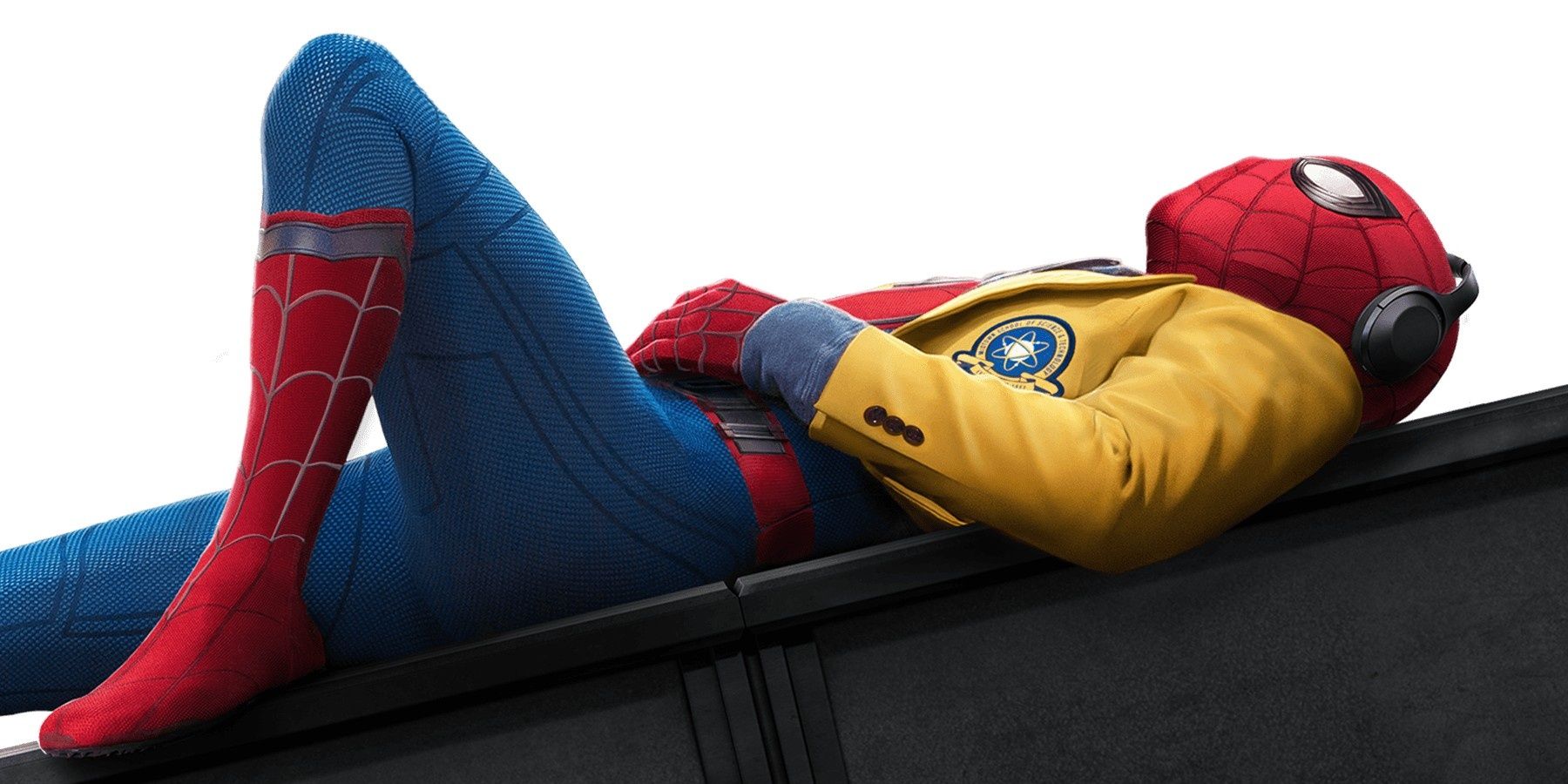 An image of Peter listening to music in his Spider-Man suit in Spider-Man: Homecoming