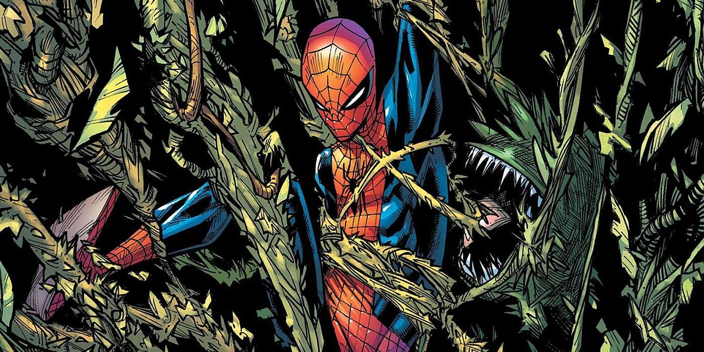 Spider-Man is captured by Cotati vines in Empyre comic book.