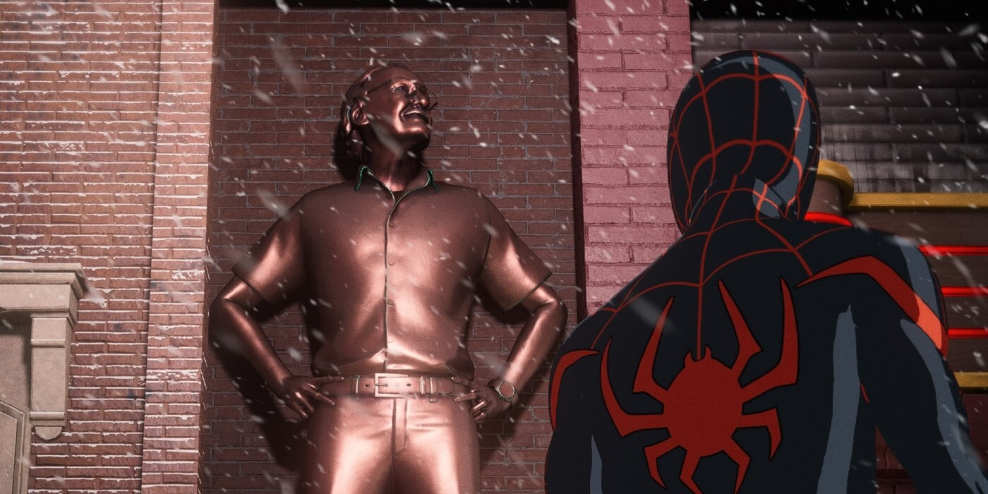 Miles Morales stares at a Stan Lee Statue found in Manhattan in Marvel’s Spider-Man: Miles Morales game.