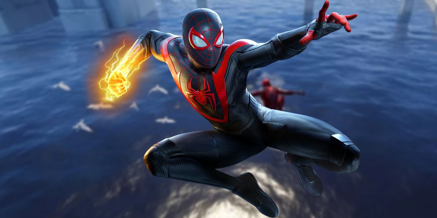 Spider Man Miles Morales with lightning fist from PS4 video game.