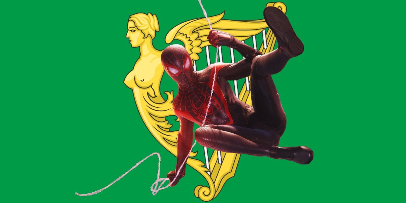 Miles Morales in front of the flag of the United Irishmen