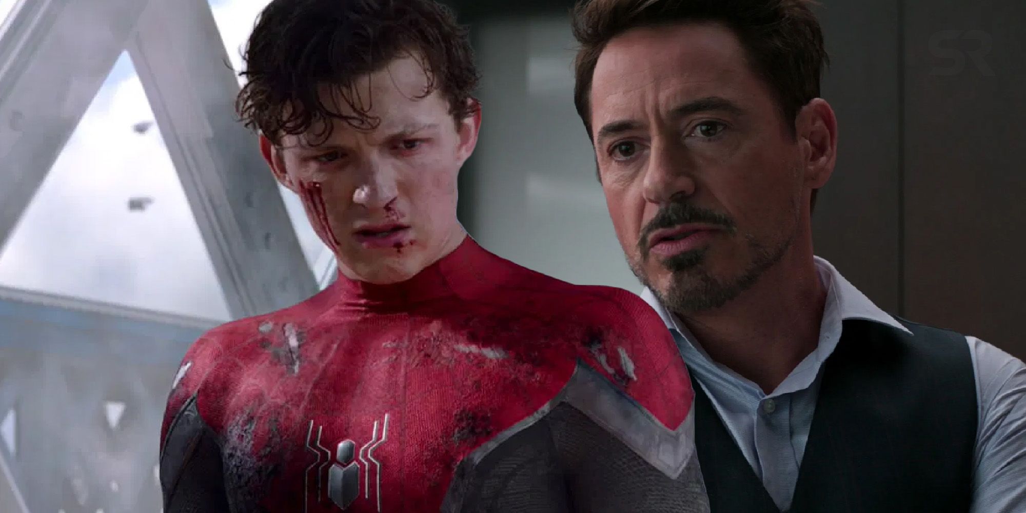 Tom Holland as Spider-Man in Spider-Man: Far From Home and Robert Downey Jr. as Tony Stark in Captain America: Civil War.