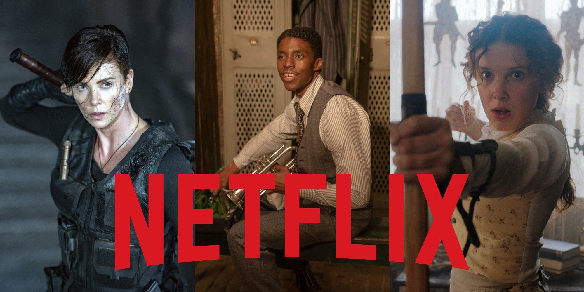 Split image of Charlize Theron in The Old Guard, Chadwick Boseman in Ma Rainey's Black Bottom and Millie Bobby Brown in Enola Holmes with the Netflix logo on top