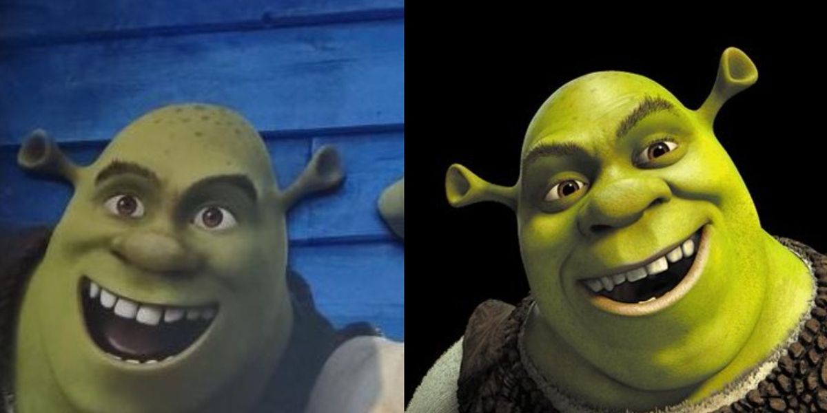 Split image of Shrek at Universal Studios and original Shrek for Shrek 5 animation redesign