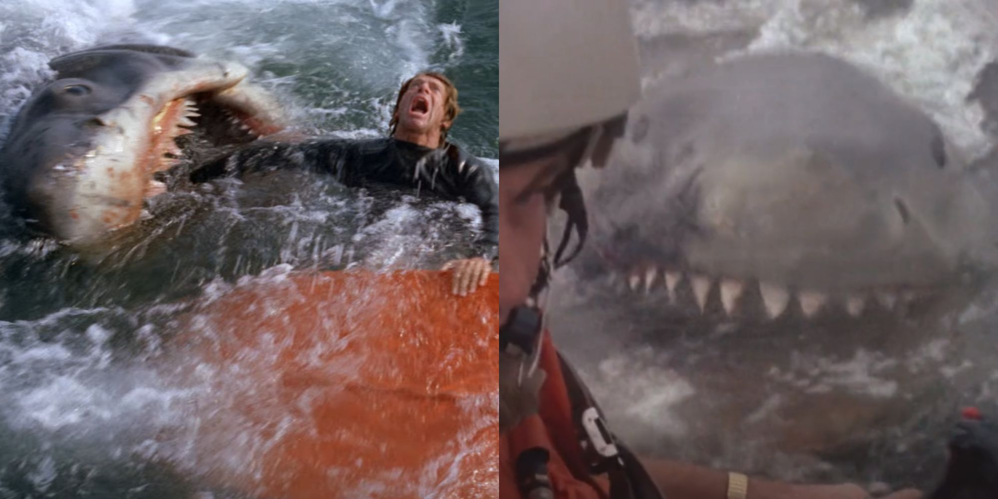 Split image of sharks attacking in Jaws and Jaws 2