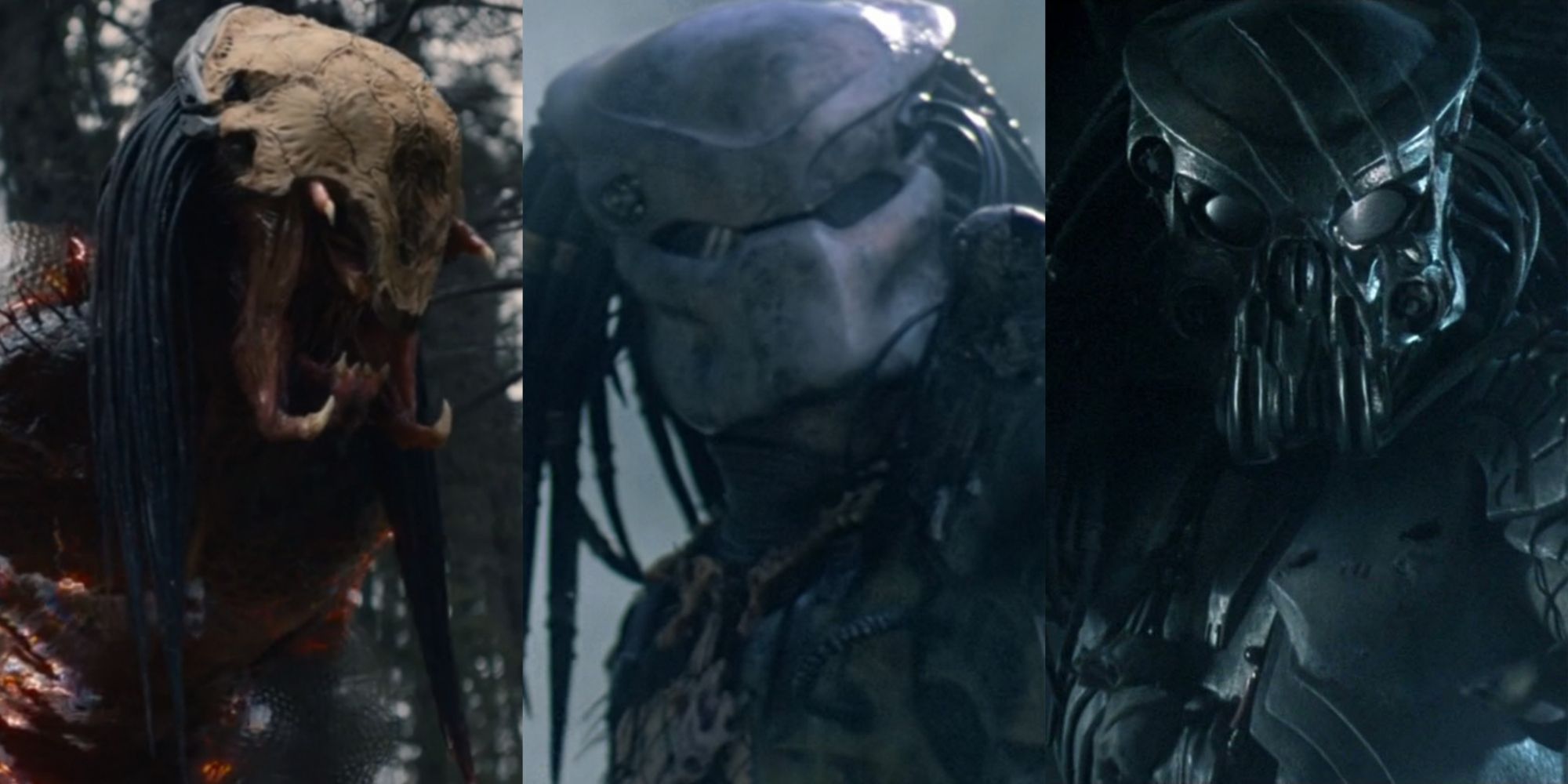 Split image of the Yautja Hunters in Prey, Predator, and Alien Vs. Predator