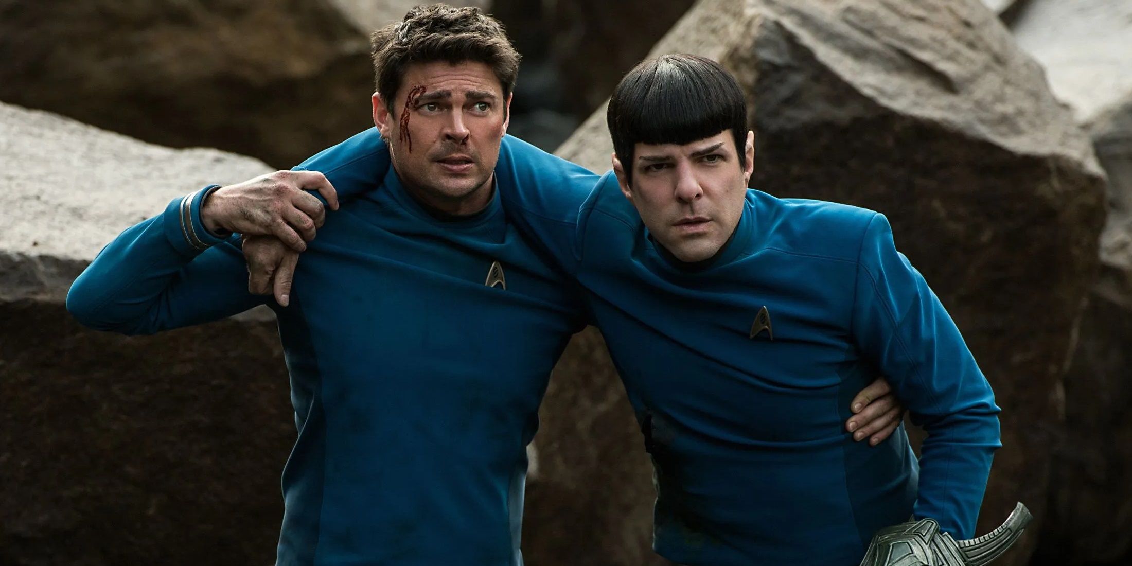 Bones carries an injured Spock in Star Trek Beyond