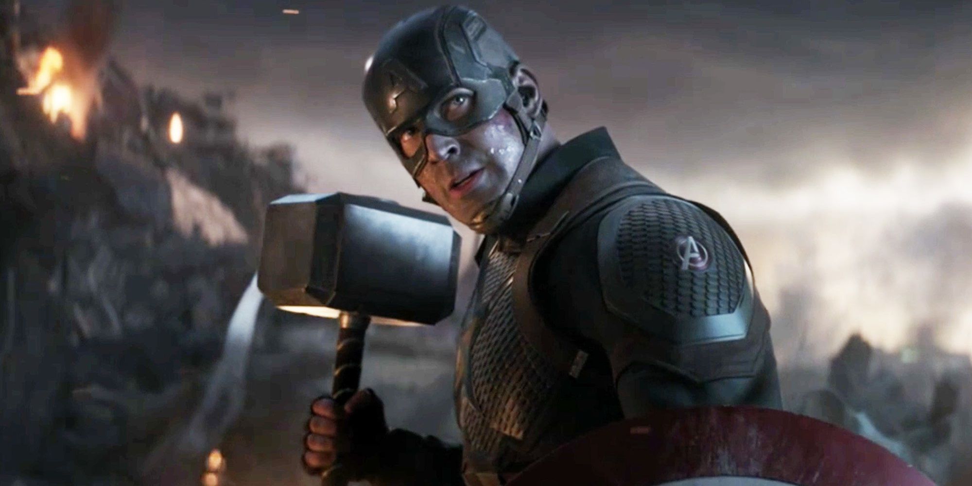 Steve Rogers holding Mjolnir in Avengers Endgame