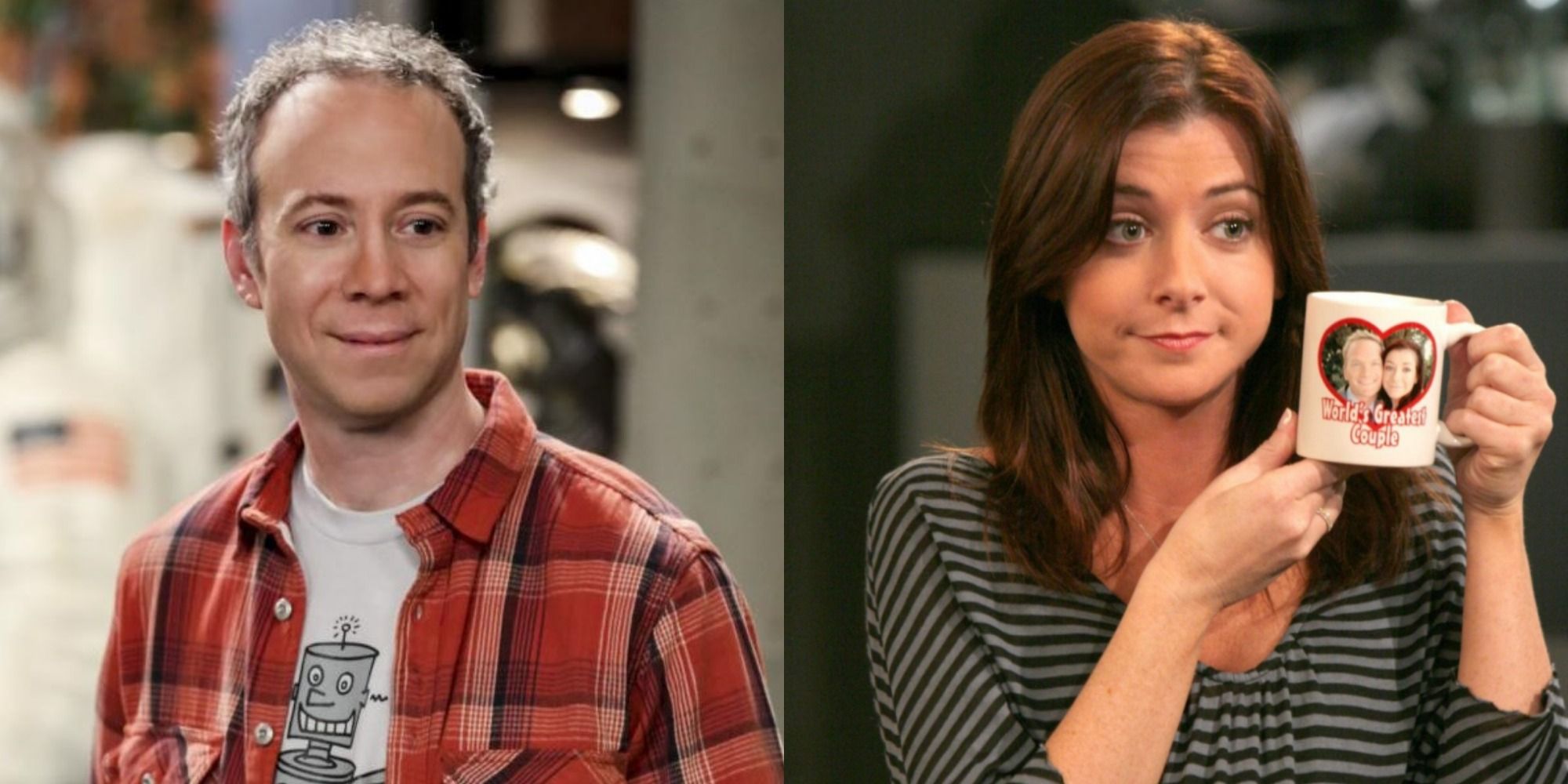 A split-screen image showing The Big Bang Theory's Stuart Bloom and How I Met Your Mother's Lily Aldrin