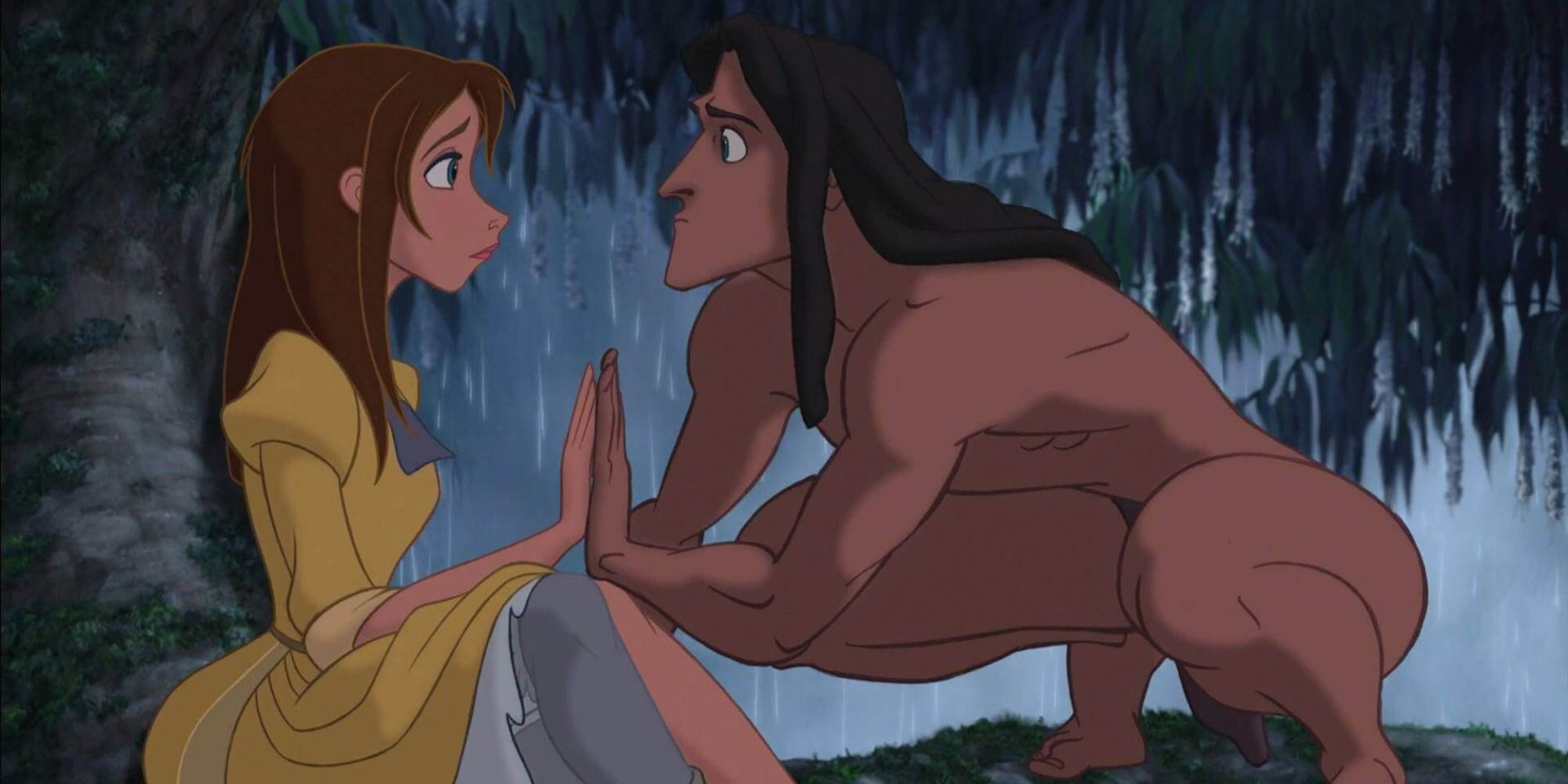 Tarzan and Jane pressing the palms of their hands together in Tarzan