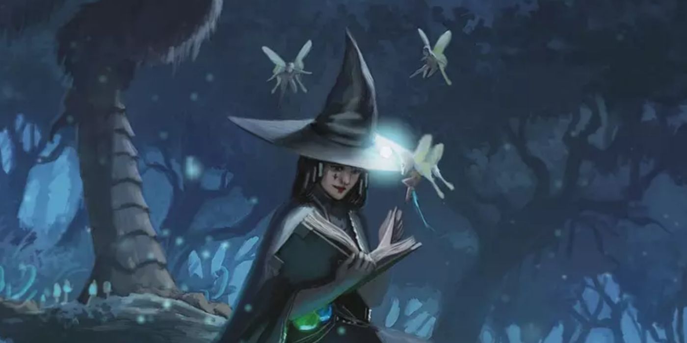Artwork from Tasha's Cauldron of Everything, showing a spellcaster standing with a tome open, surrounded by flying fairy-like creatures in a wooded area.