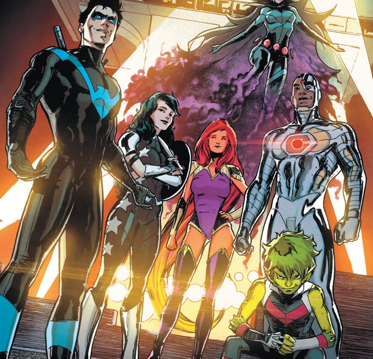 Panel featuring Nightwing, Donna Troy, Starfire, Cyborg, Raven, and Beast Boy from Teen Titans #47.