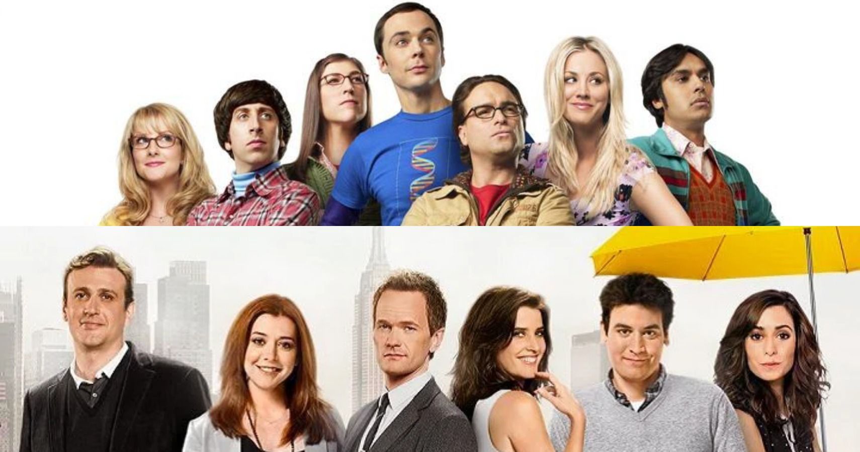 A collage showing the promotional images featuring the main characters of The Big Bang Theory (above) and How I Met Your Mother (below)