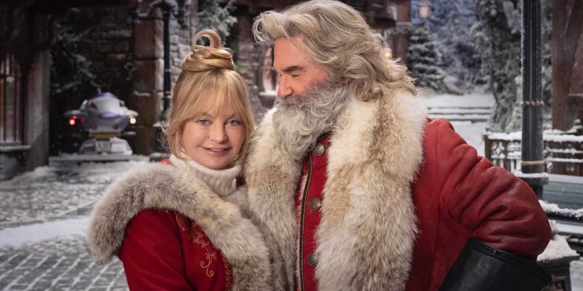 A screenshot of Goldie Hawn's Mrs. Claus and Kurt Russell's Santa Claus in The Christmas Chronicles: Part Two