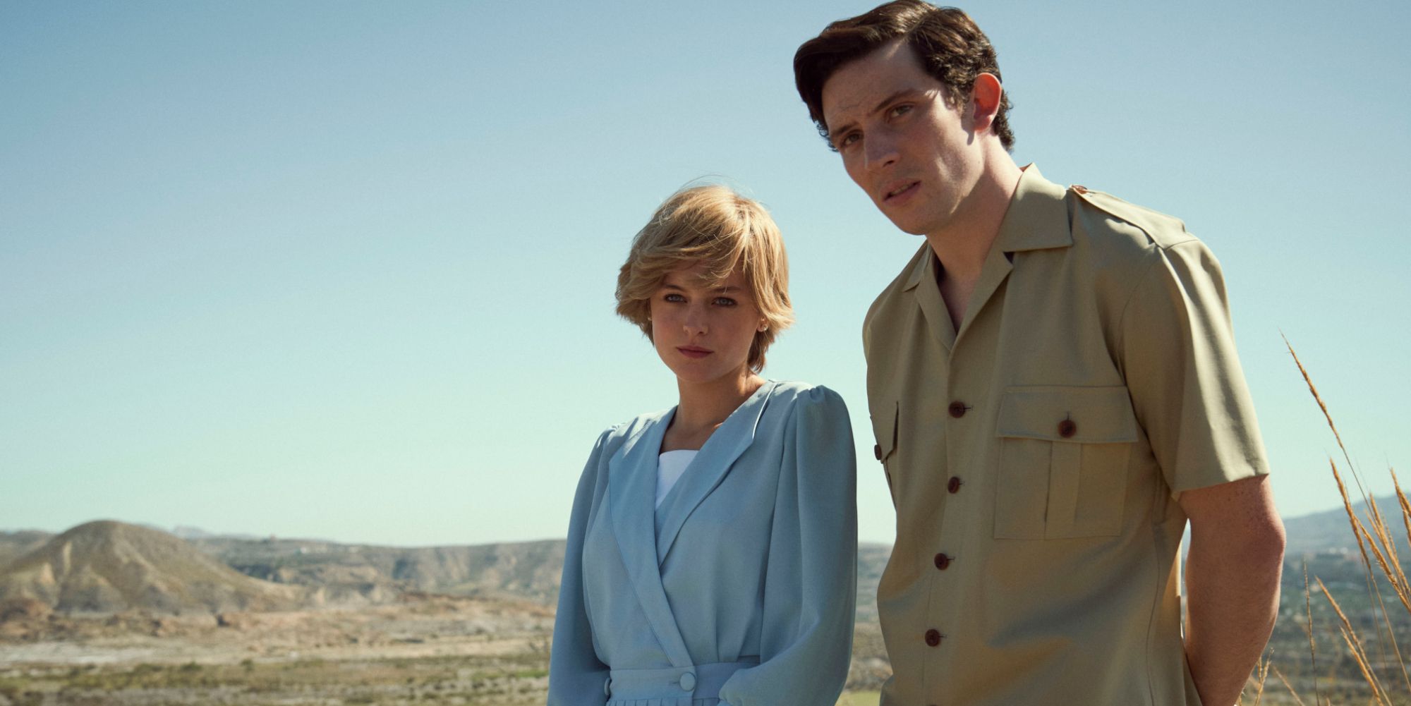 Princess Diana and Prince Charles at the desert looking in the same direction in The Crown.