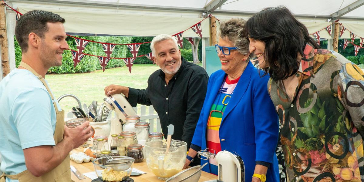 Noel Fielding, Paul Hollywood and Prue Leith as hosts