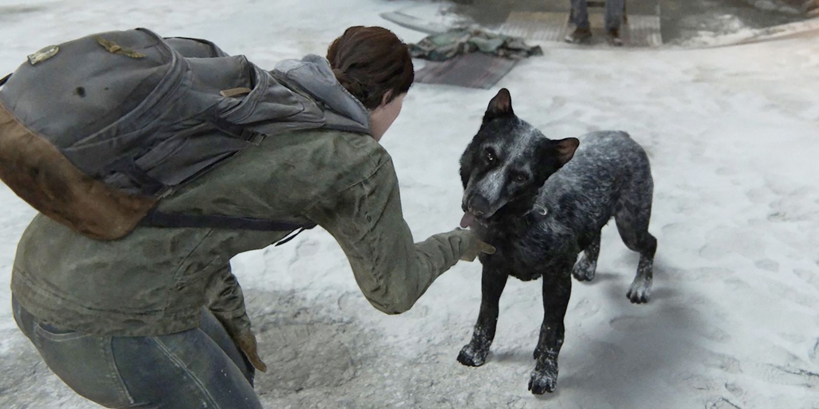 The Last of Us Part 2 petting a dog vertical