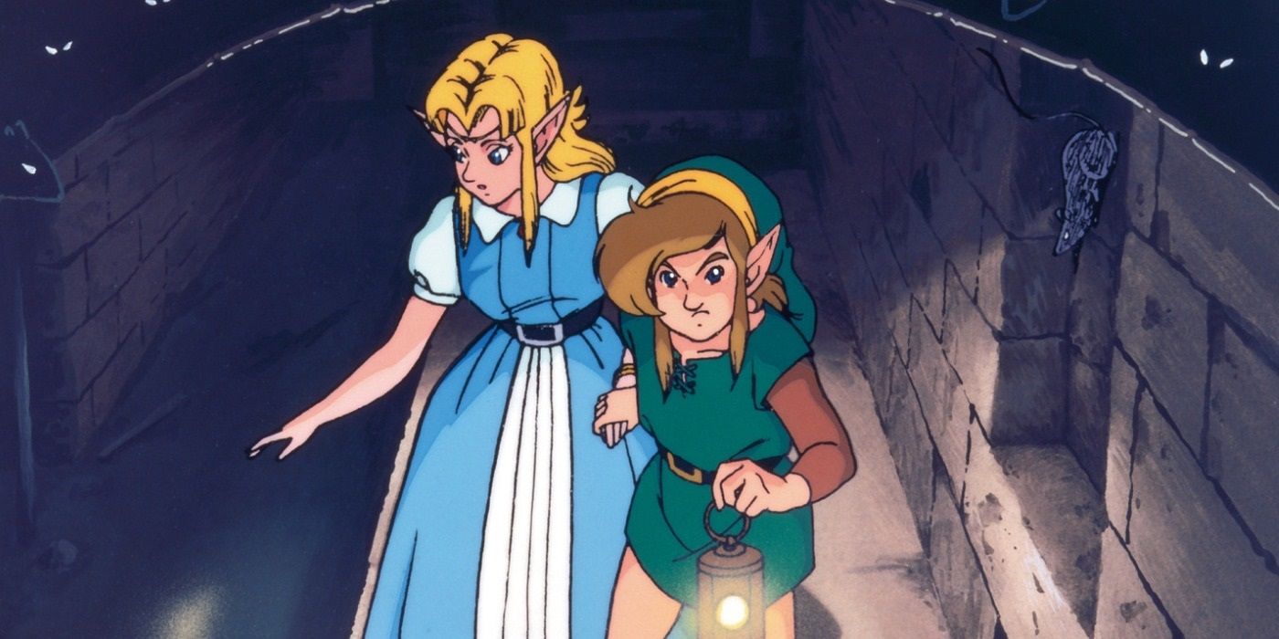 Artwork of Link and Zelda walking down a dark corridor from A Link To The Past.