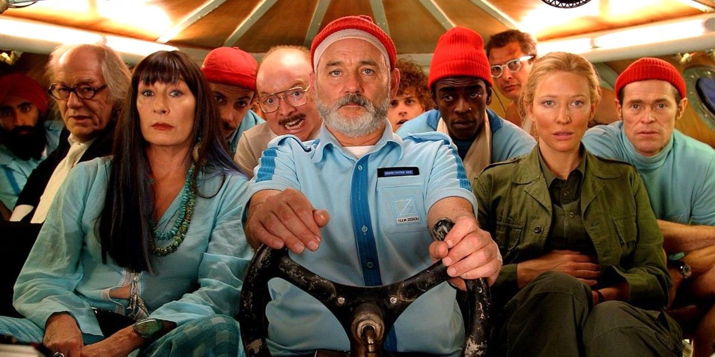 The main characters together inside a submarine in The Life Aquatic With Steve Zissou