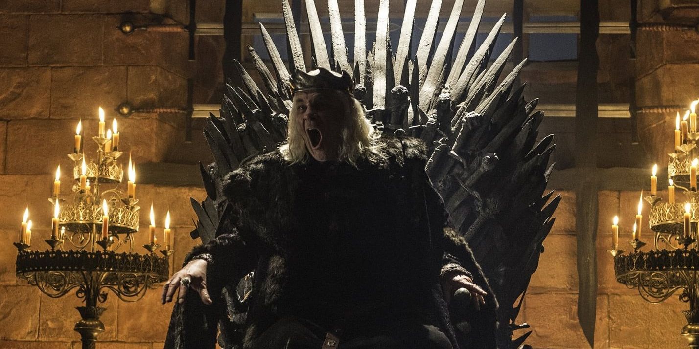 Aerys II on the Iron Throne screaming in rage in Game of Thrones.