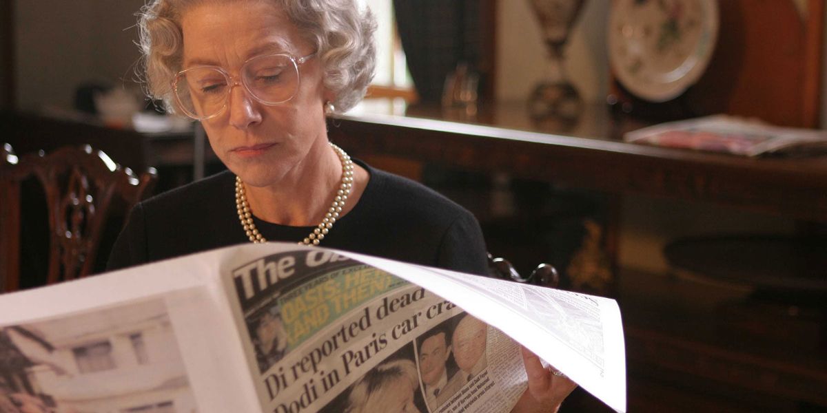 Helen Mirren as Queen Elizabeth II reading the paper in The Queen