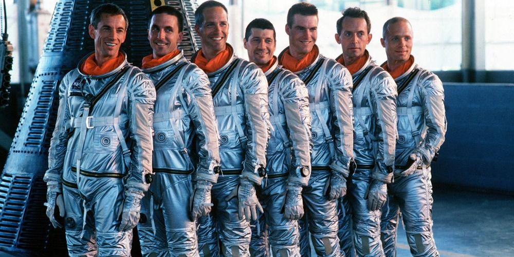 Astronauts stand in a row from The Right Stuff 