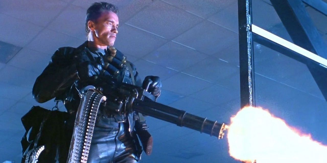 The T-800 fires a minigun in Terminator 2