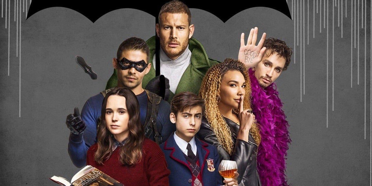 The heroes from The Umbrella Academy from a poster.