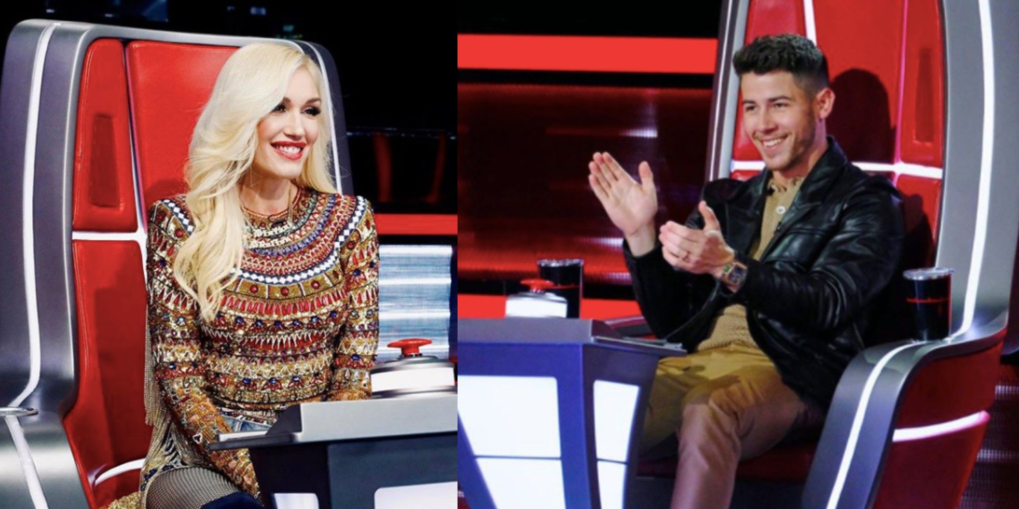 Gwen Stefani and Nick Jonas sitting in red chairs on The Voice