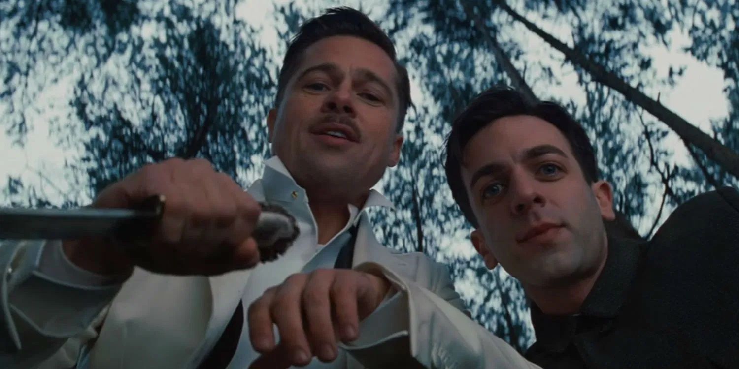An image of Brad Pitt and B.J. Novak looking down at the camera in Inglourious Basterds