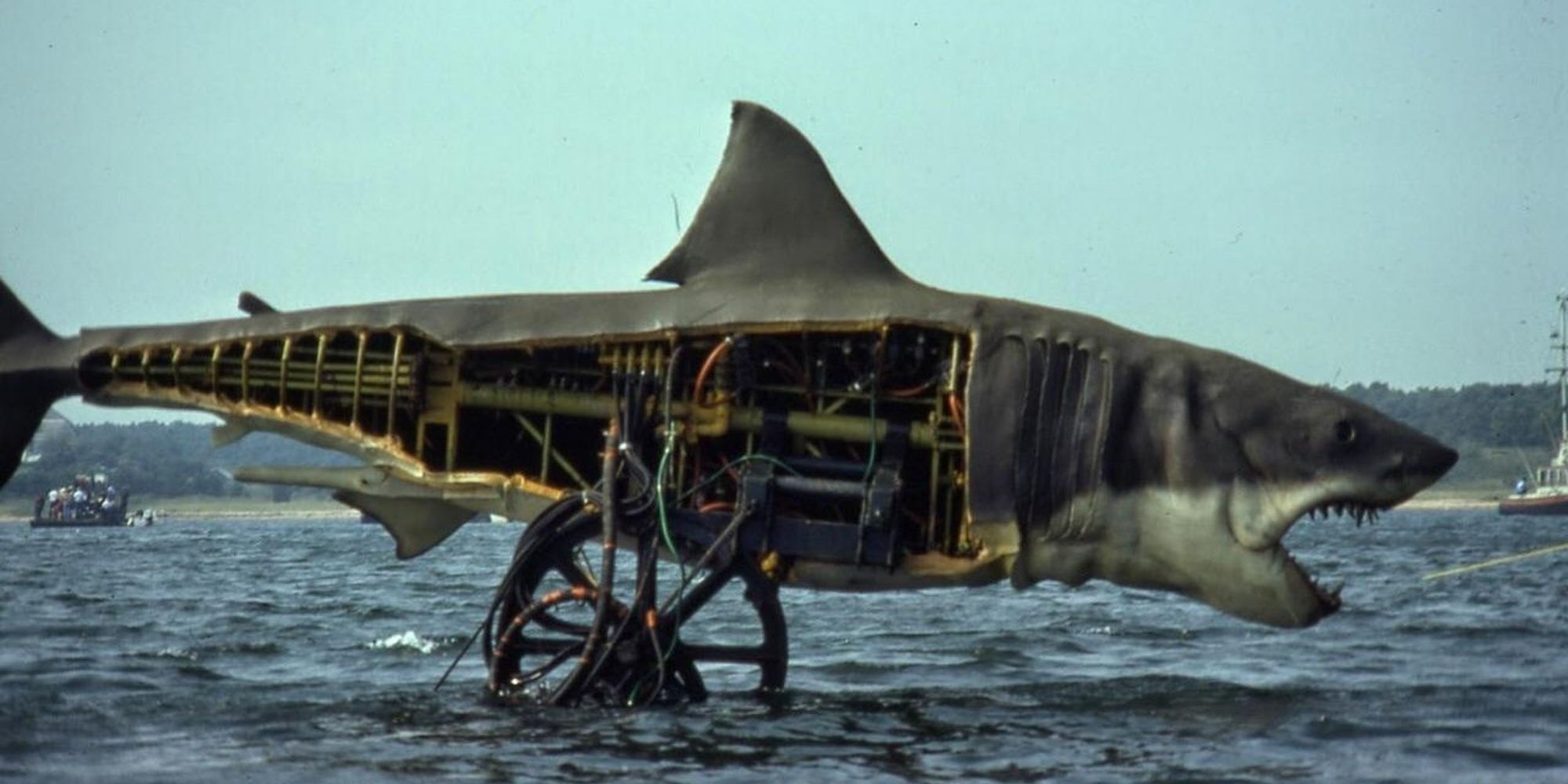 The shark animatronic suspended out of the water behind the scenes of Jaws