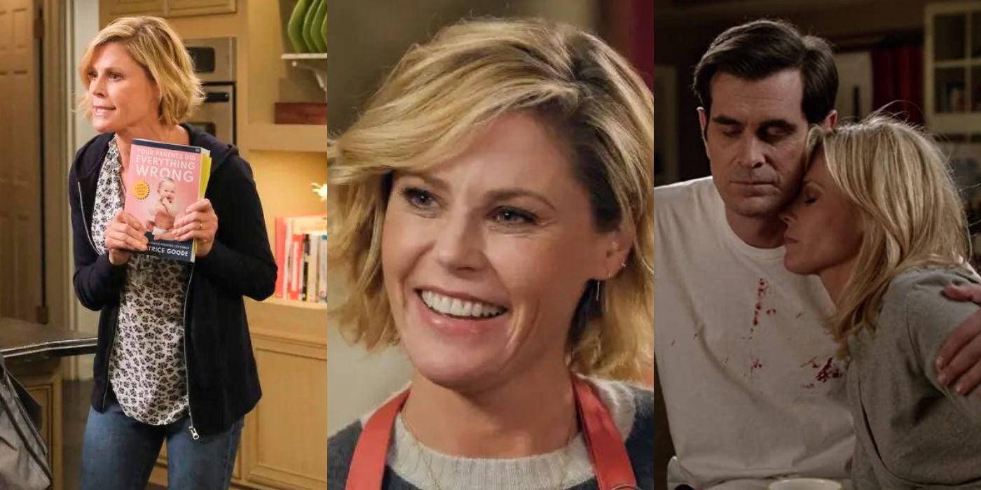 Three split images of Claire Dunphy in different scenes of Modern Family