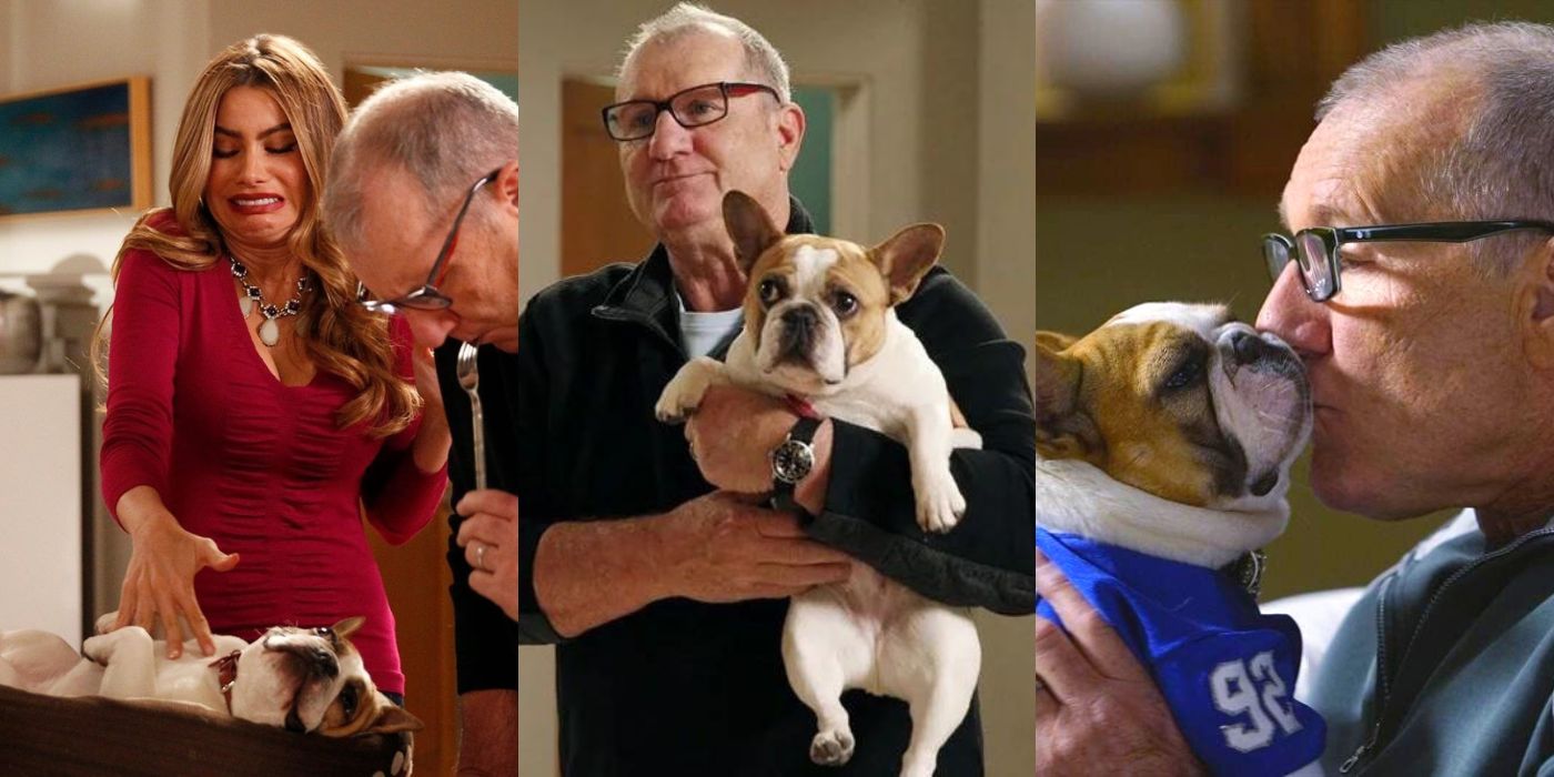 Three split images of Jay and Stella and Gloria from Modern Family