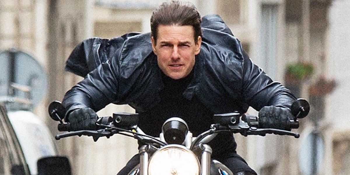 Tom Cruise riding a motorcycle in Mission Impossible Fallout