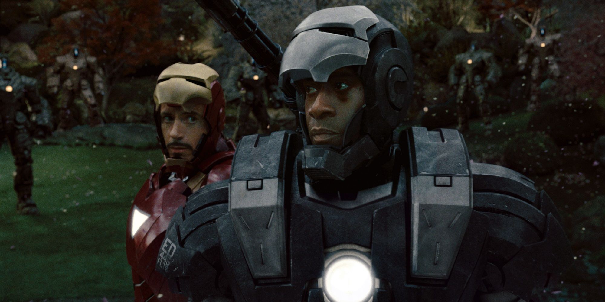 Iron Man and War Machine standing together in Iron Man 2