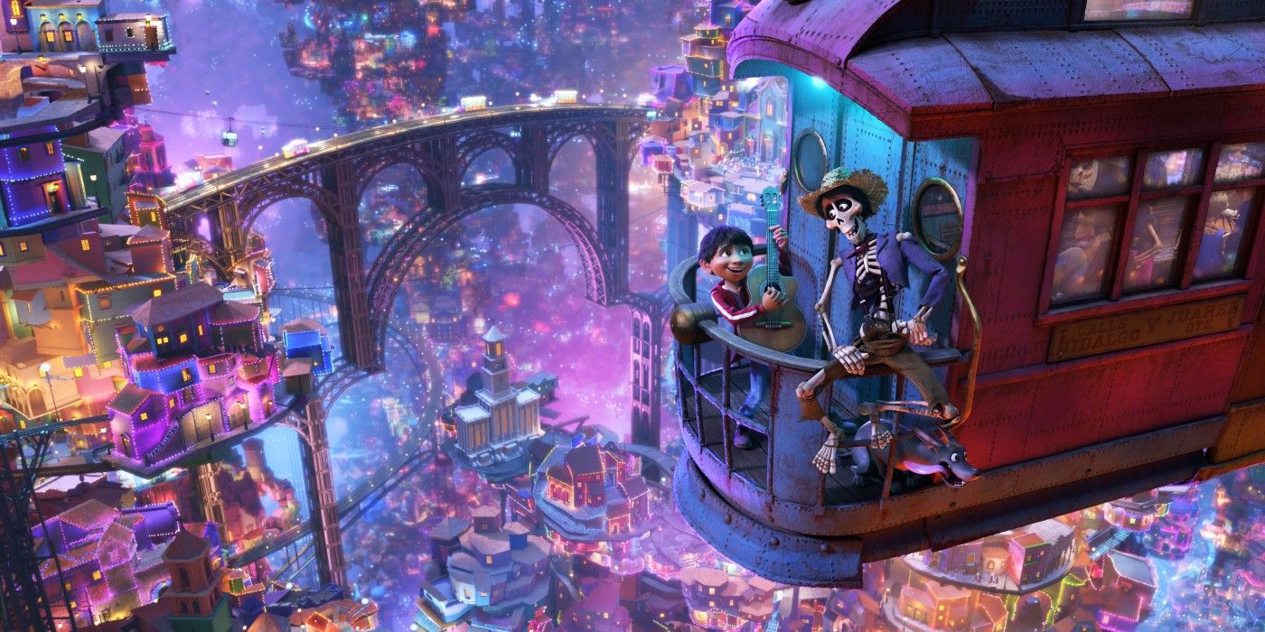 Hector and Miguel sit on a tram in the afterlife in Coco