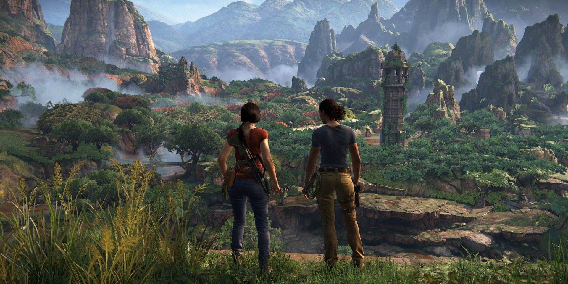 Chloe and Nadine look out at the Western Ghats of India in Uncharted: The Lost Legacy